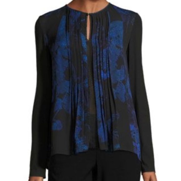 Elie Tahari 100% Silk, Printed Royal blue & black colour long sleeve blouse  M-L - Picture 1 of 10